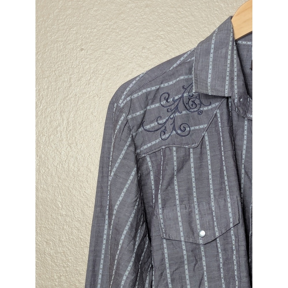 Roper Western Shirt Mens Large Grey Stripe Pearl Snap Embroidered 1-01-017-310GY - Picture 8 of 16